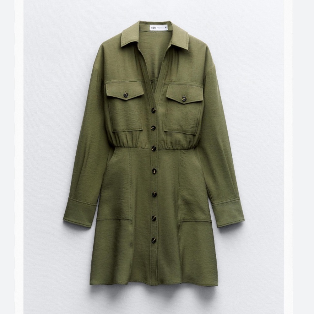 Zara Olive Green Button-Front Mini Shirt Dress